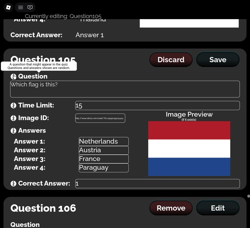 Quiz Game Create screen